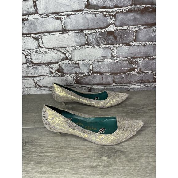 Irregular Choice Silver Suede Gold Shimmer Bridal Print Pointed Heels Women 39EU - Picture 15 of 16